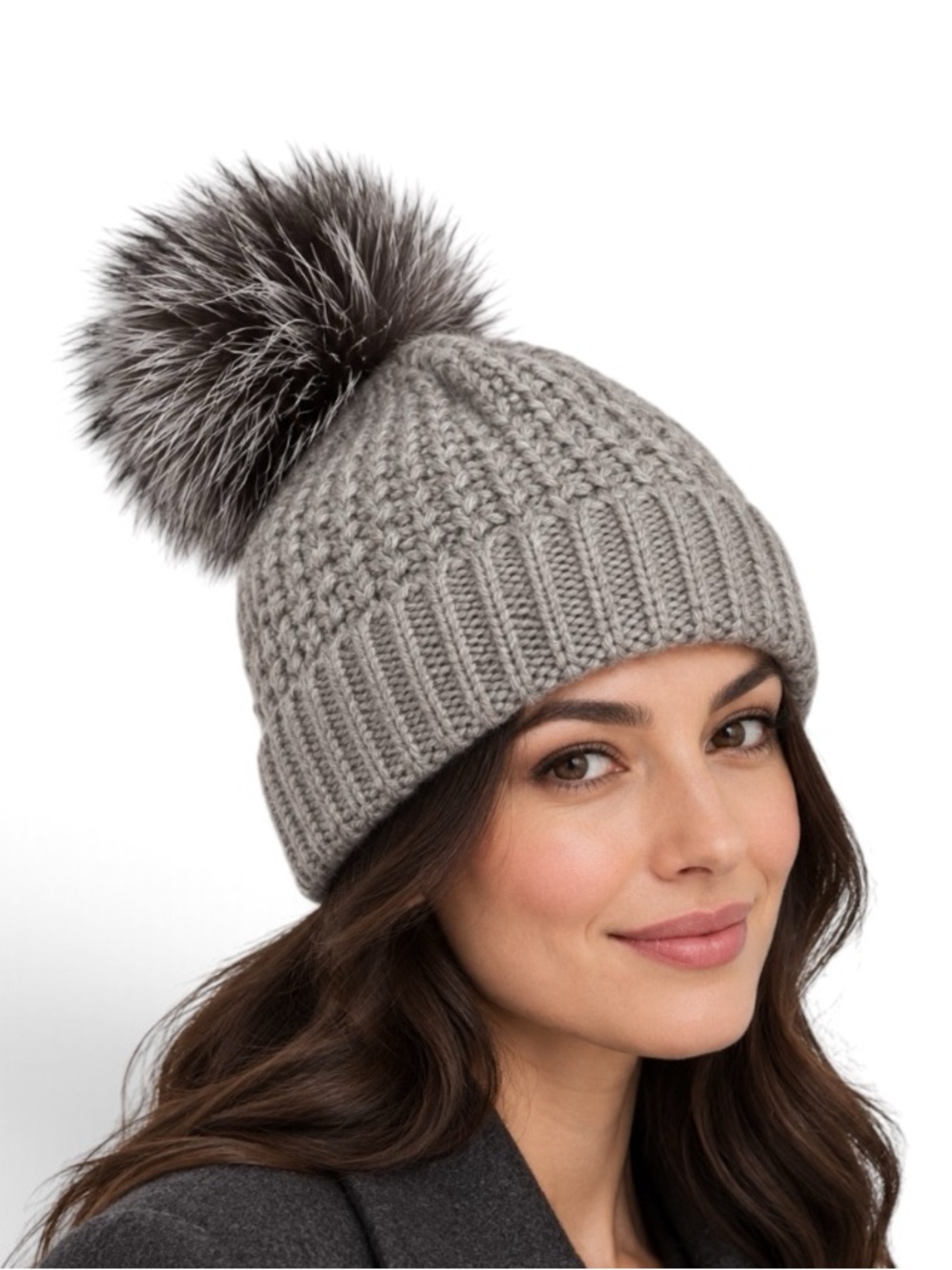 Sofia Cashmere Soft Gray Cashmere Knit Beanie Hat with Fox Fur Pom Pom